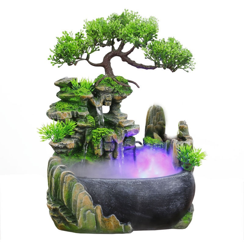 feng shui flowing waterfall fountain with color changing led lights spray