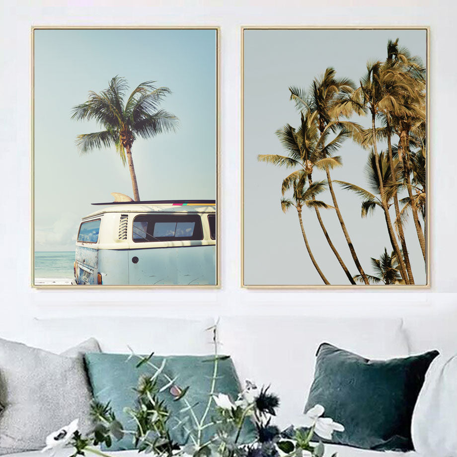 coconut tree palm leafs bus sea landscape wall art canvas painting