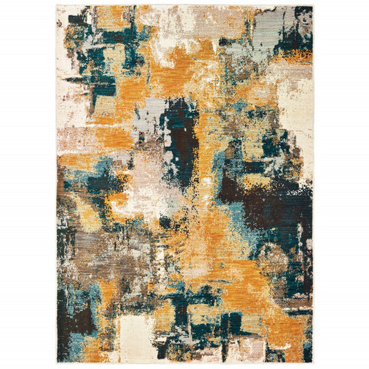 2’X8’ Blue And Gold Abstract Strokes Runner Rug