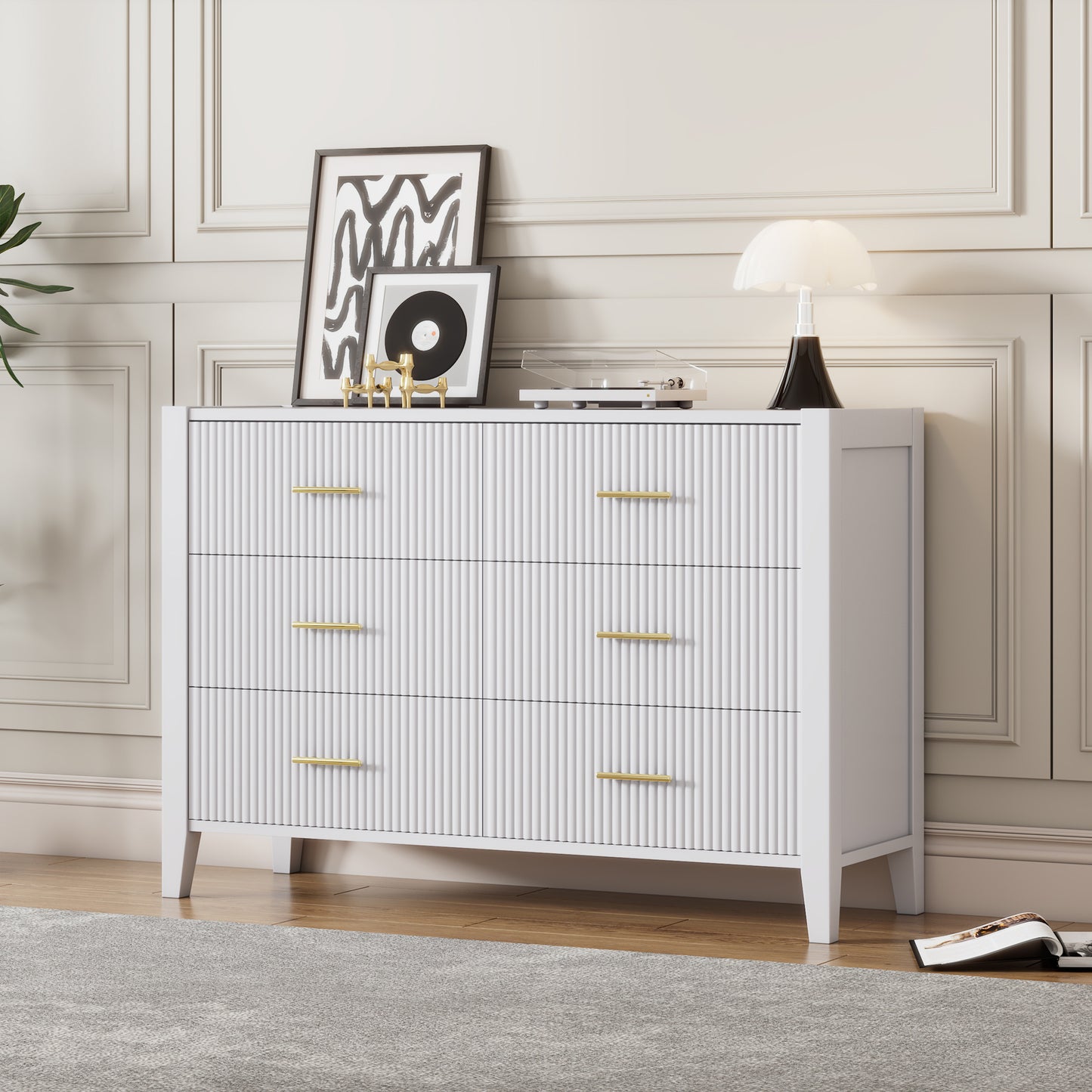 6 drawer dresser with metal handle for bedroom, white