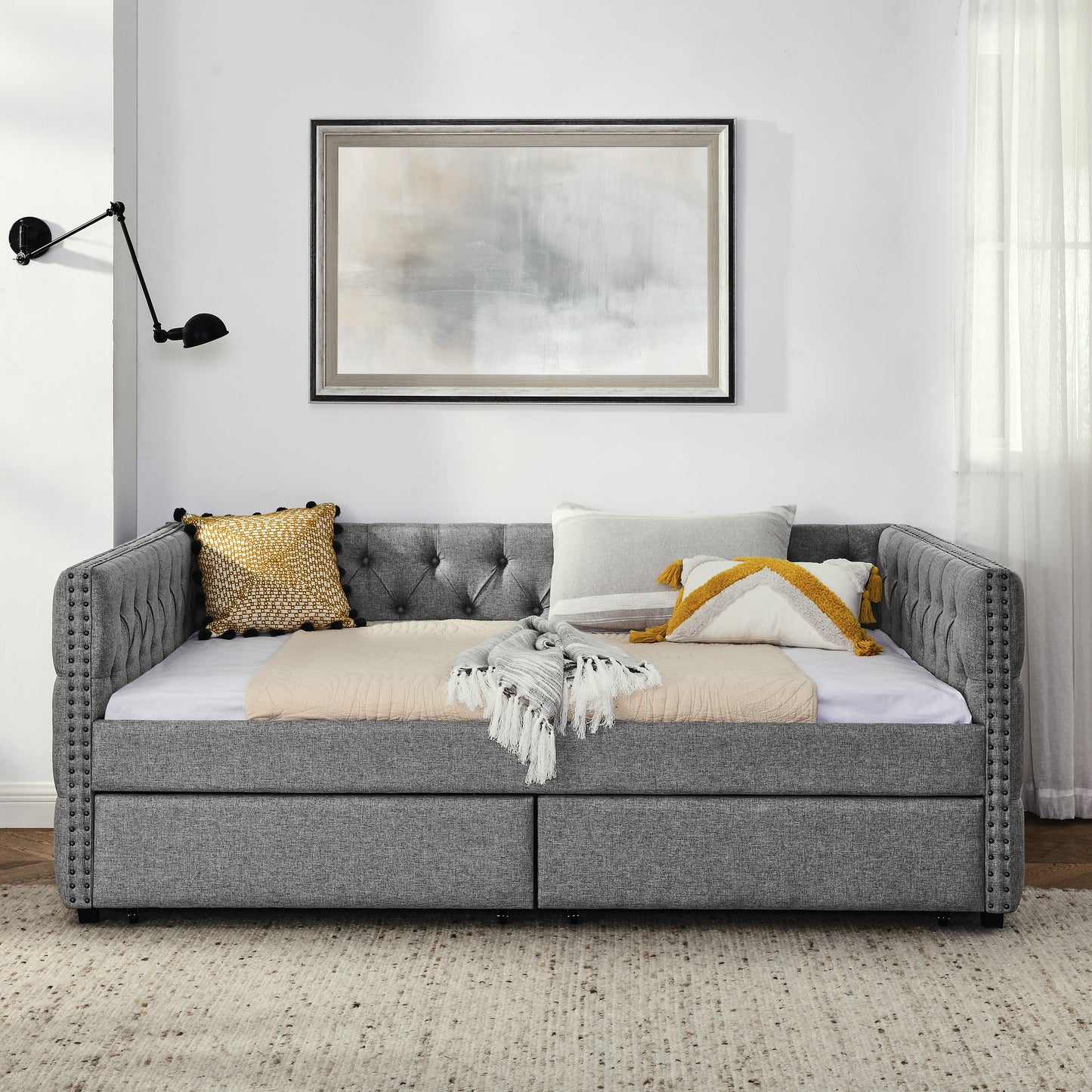 upholstered full size bed with two drawers, grey