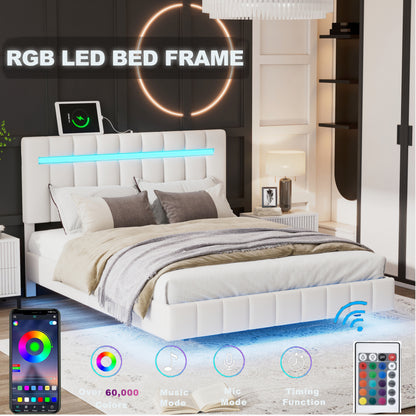 Floating Bed Frame with LED Lights and USB Charging