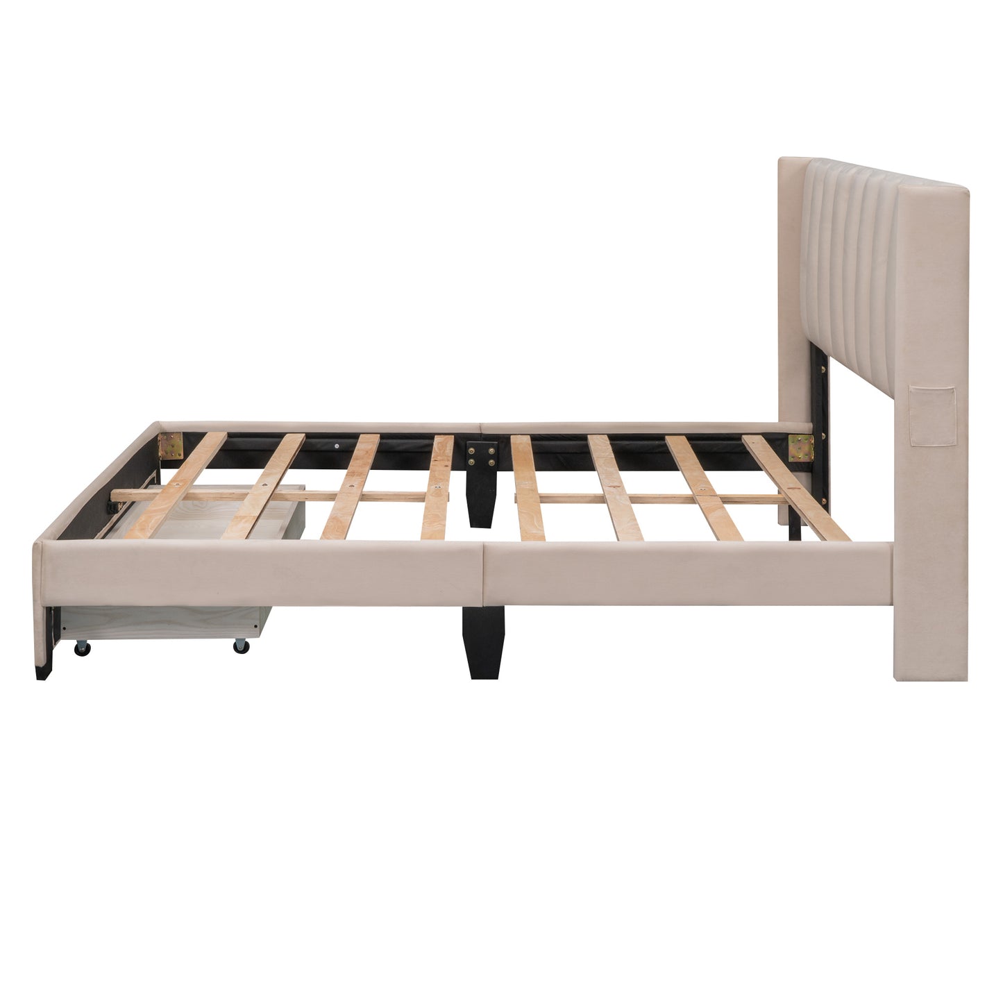 velvet upholstered platform bed with a big drawer