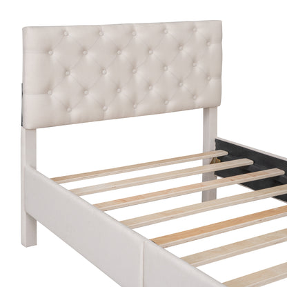 Upholstered Linen Platform Bed, Beige