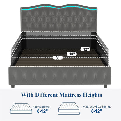Velvet Upholstered Bed with Adjustable Colorful LED Light Decorative Headboard & Storage 4 Drawers, Grey
