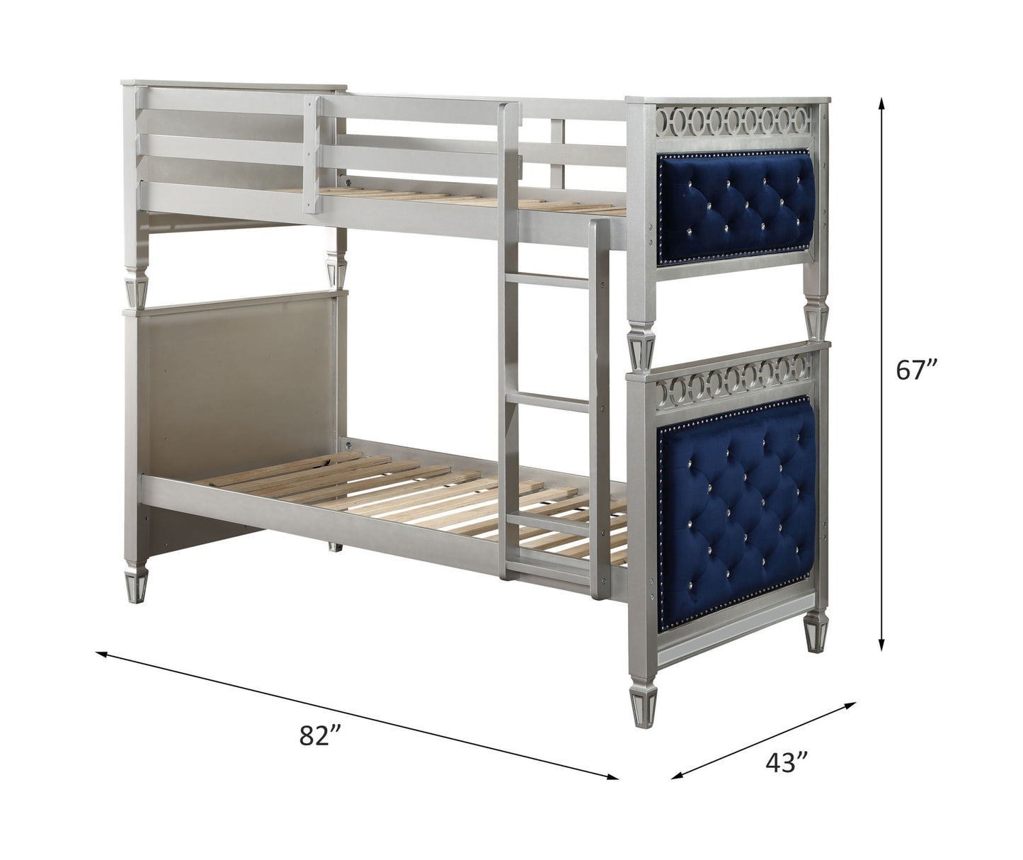 acme varian bunk bed, blue velvet & silver finish