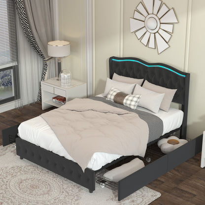 Velvet Upholstered Bed with Adjustable Colorful LED Light Decorative Headboard & Storage 4 Drawers, Black