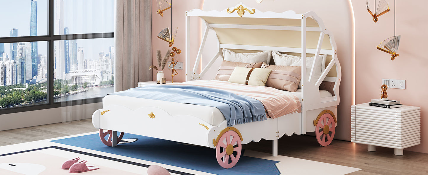 princess carriage bed with canopy, white+pink+gold