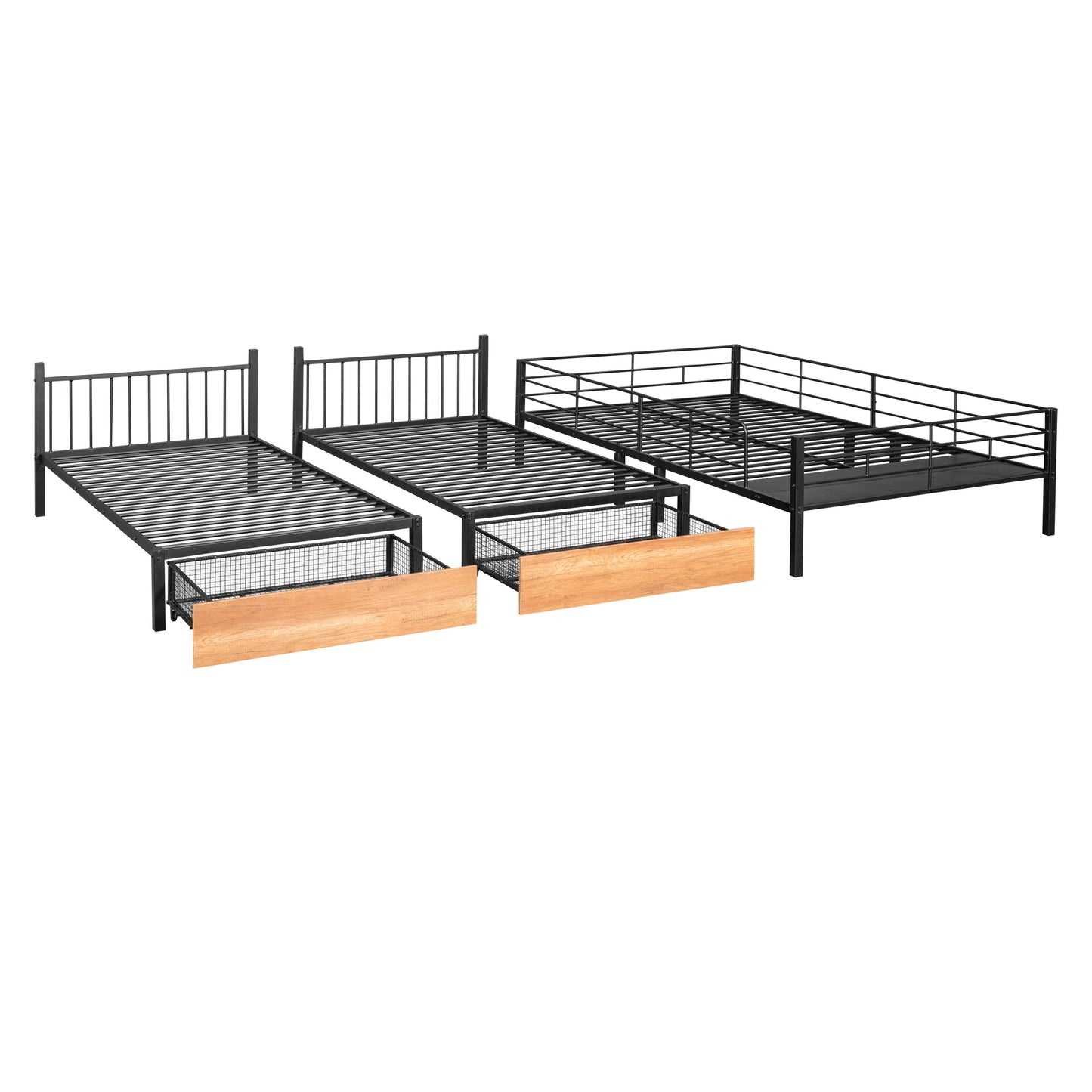 full over twin & twin bunk bed with drawers and guardrails, black