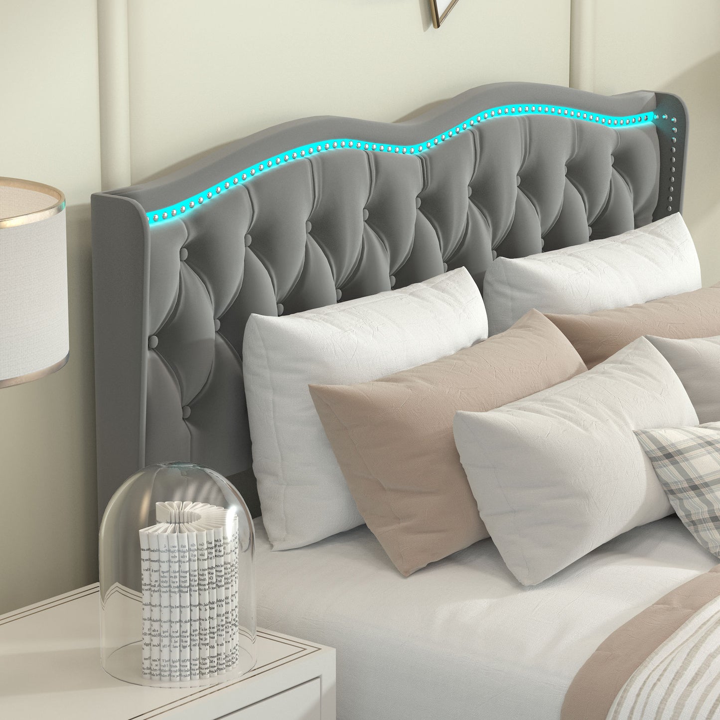 velvet upholstered bed with adjustable colorful led light decorative headboard & storage 4 drawers, grey