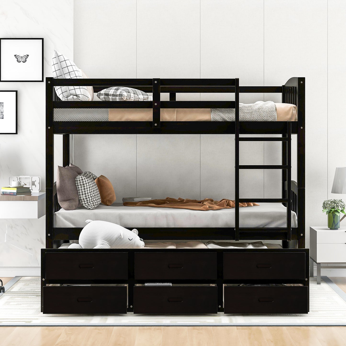 twin over twin wood bunk bed with trundle and drawers,white