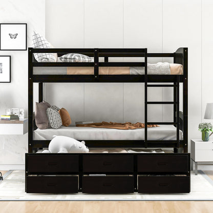 Twin over Twin Wood Bunk Bed with Trundle and Drawers,White