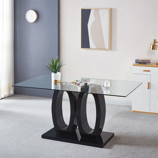 Double Pedestal Dining Table- Tempered Glass, Black