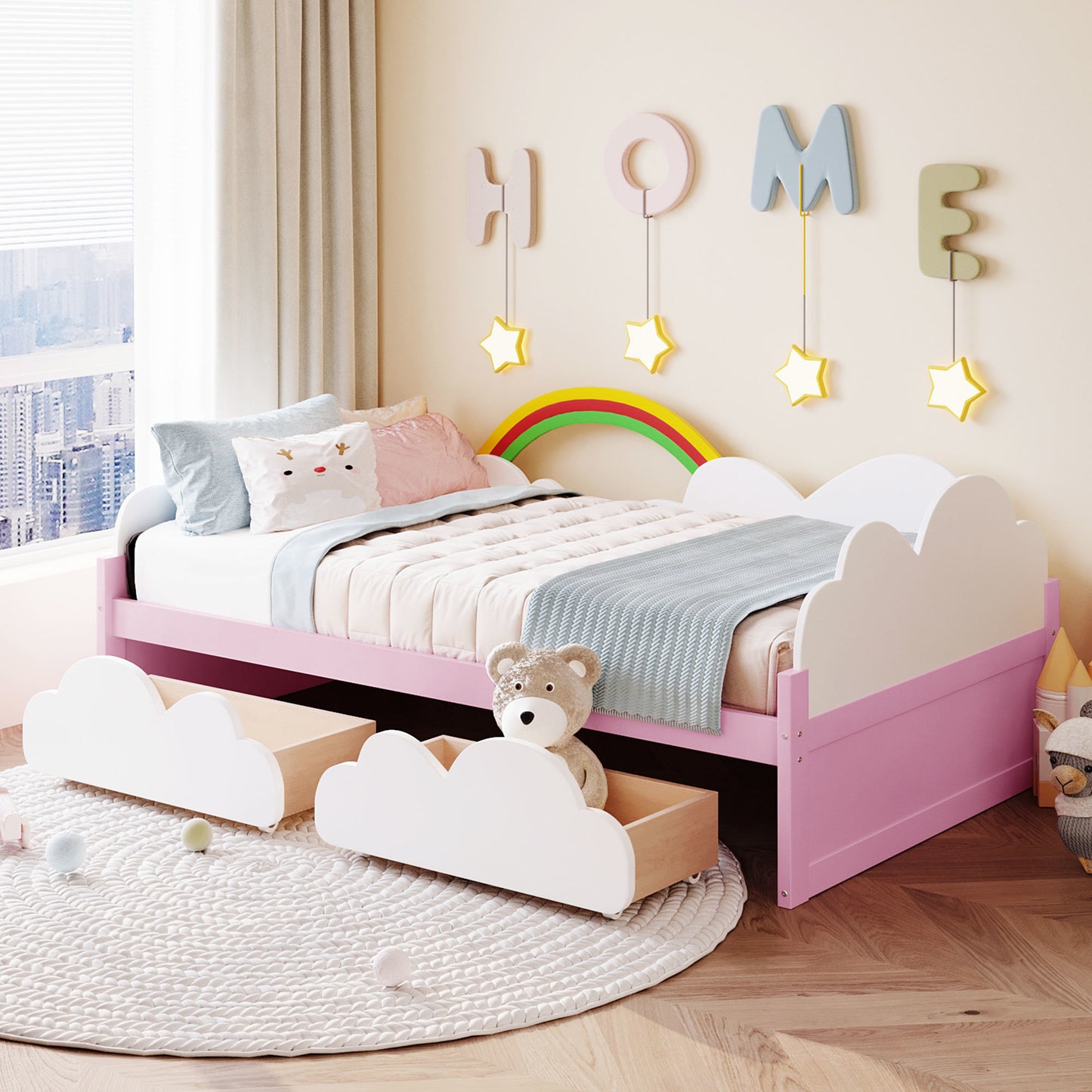 twin size bed with clouds and rainbow decor