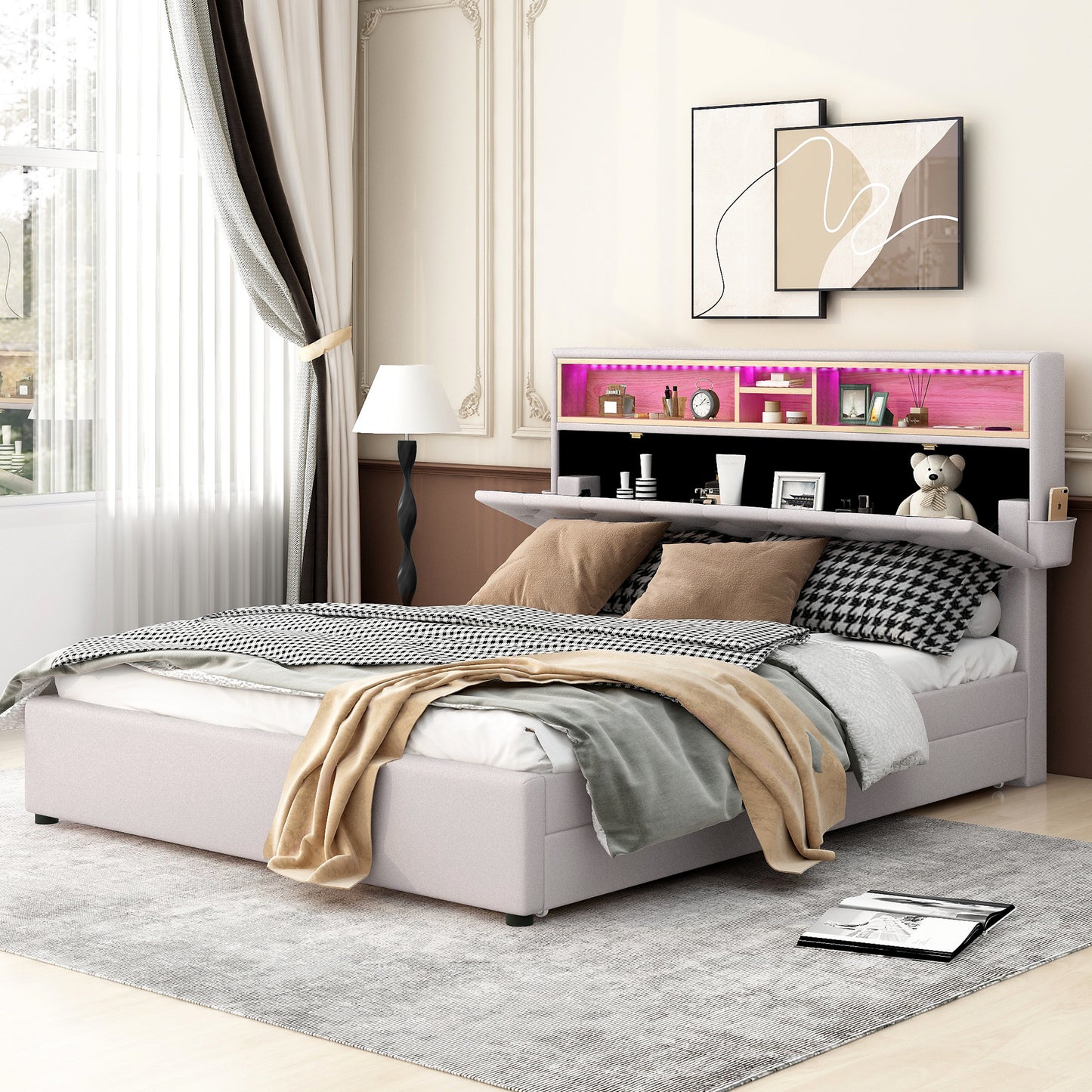 queen size upholstered platform bed with storage headboard, led, usb charging and 2 drawers, beige