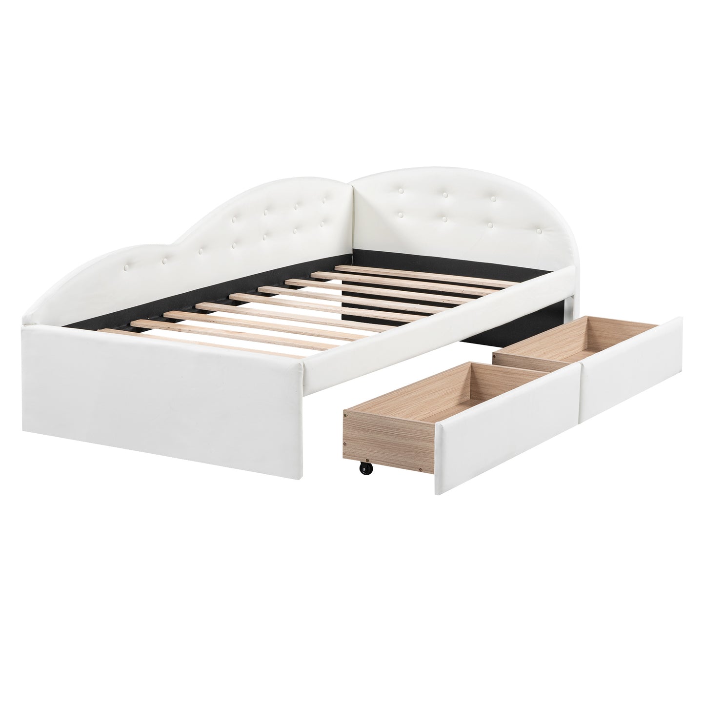 upholstered tufted bed with two drawers and cloud shaped guardrail, white