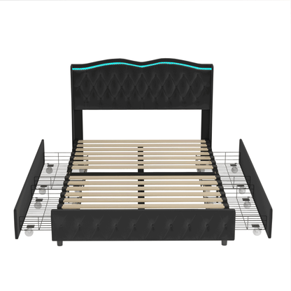 Velvet Upholstered Bed with Adjustable Colorful LED Light Decorative Headboard & Storage 4 Drawers, Black