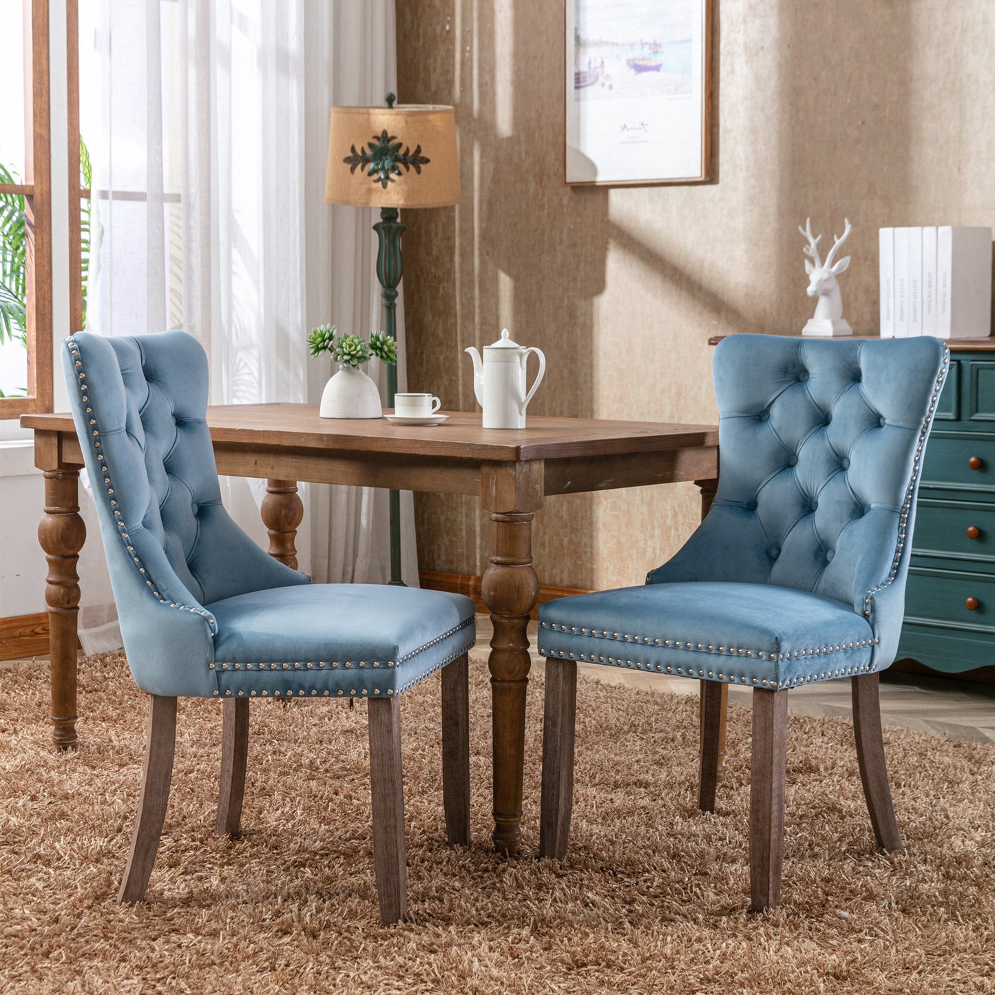 nikki collection modern high-end tufted dining chairs 2-pcs set, light blue