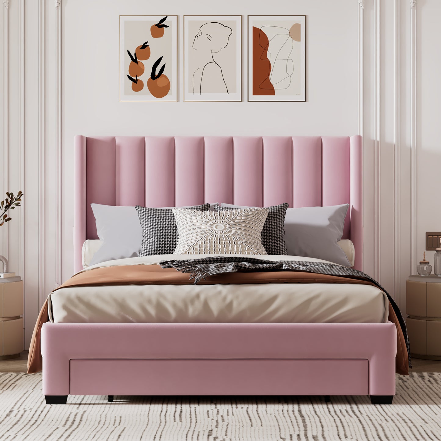 velvet upholstered platform bed with a big drawer - pink