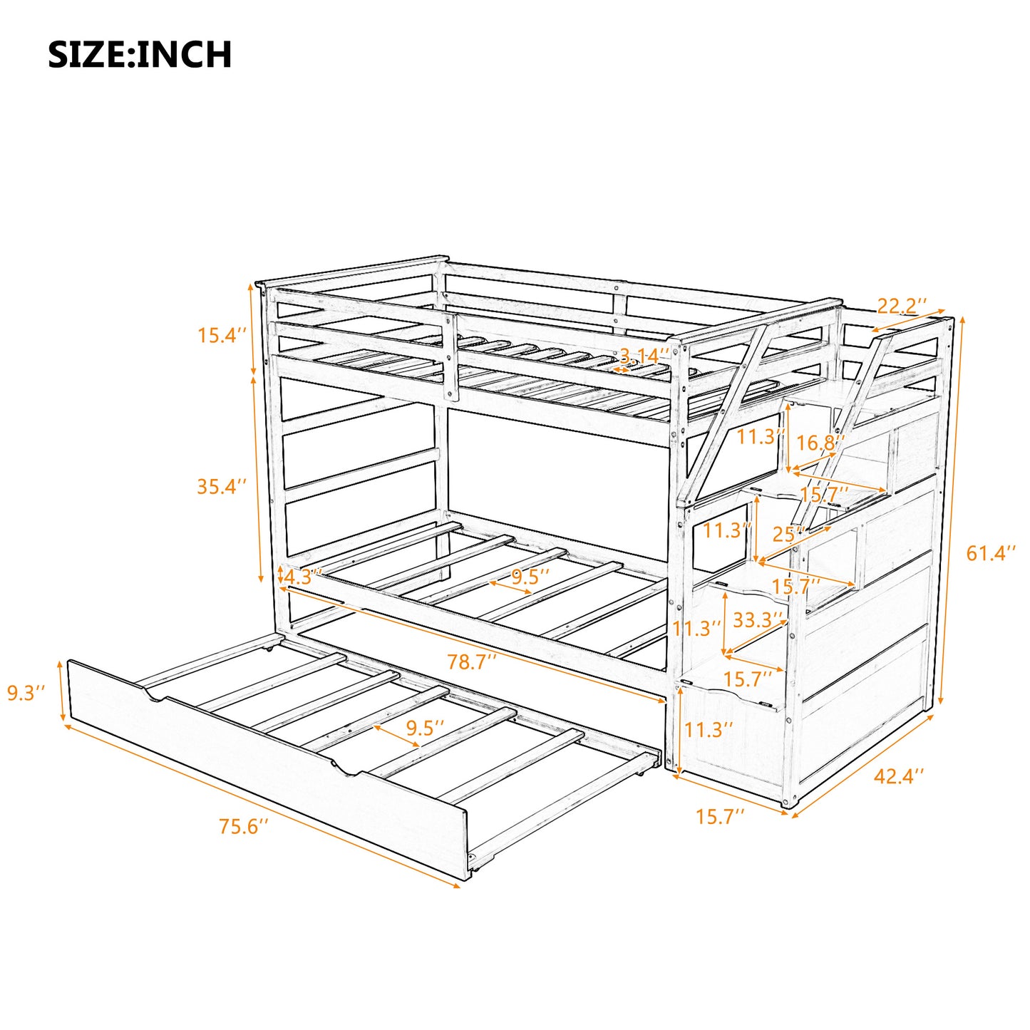twin-over-twin bunk bed with twin size trundle and 3 storage stairs, espresso