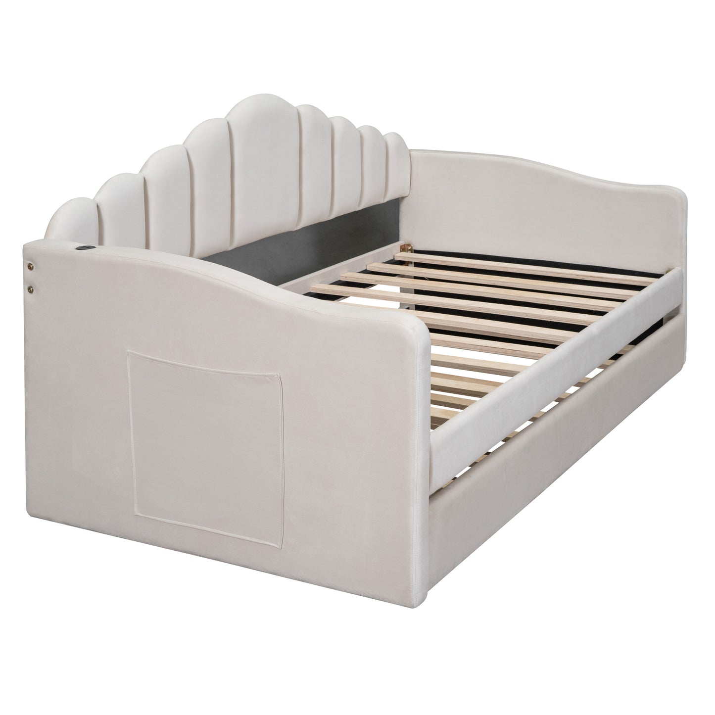 upholstered velvet bed with usb charging ports, beige