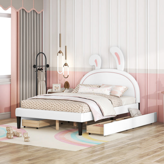 Upholstered Leather  Bed with Rabbit Ornament and 4 Drawers, White