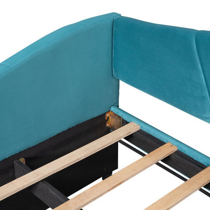 Upholstered Daybed with Trundle Bed and Wood Slat ; Blue