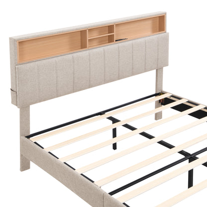 Upholstered Platform Bed with Storage Headboard and USB Port