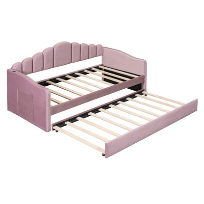 Upholstered Daybed with Trundle & USB Charging Ports, Pink
