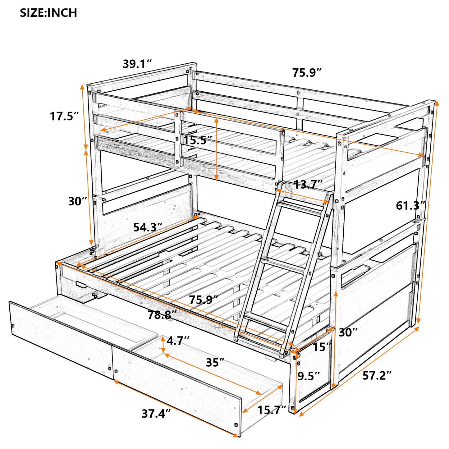 twin over full bunk bed with storage - white