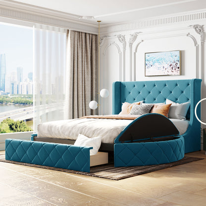 Upholstered Platform Storage Velvet Bed with Wingback Headboard, Blue