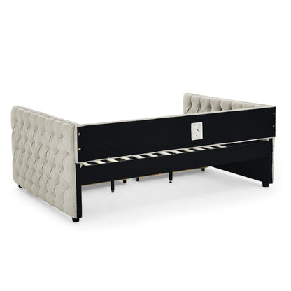Upholstered Full Size Bed with Two Drawers, Beige