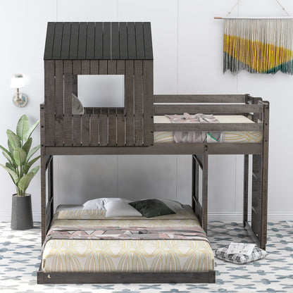 Loft Bed with Playhouse, Farmhouse, Ladder and Guardrails , Antique Gray
