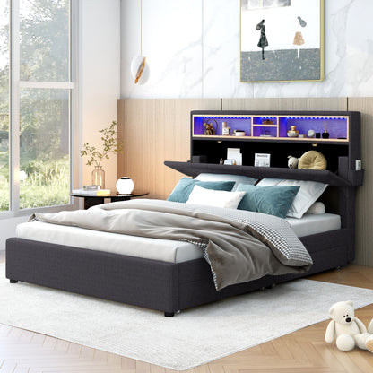 Upholstered Bed with Storage Headboard, LED, USB Charging and 2 Drawers