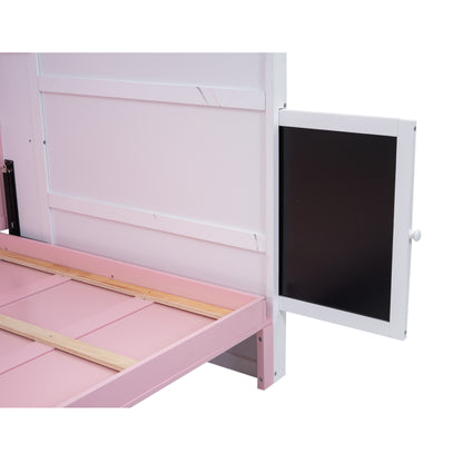 House Murphy Bed with USB, Storage Shelves and Blackboard, Pink+White