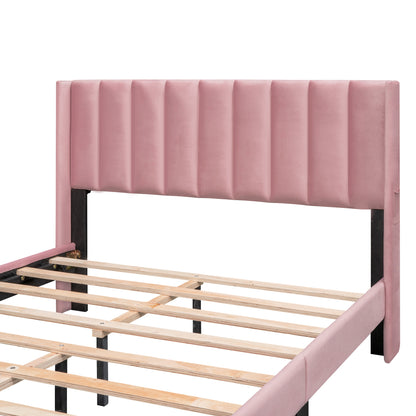 Velvet Upholstered Platform Bed with a Big Drawer - Pink