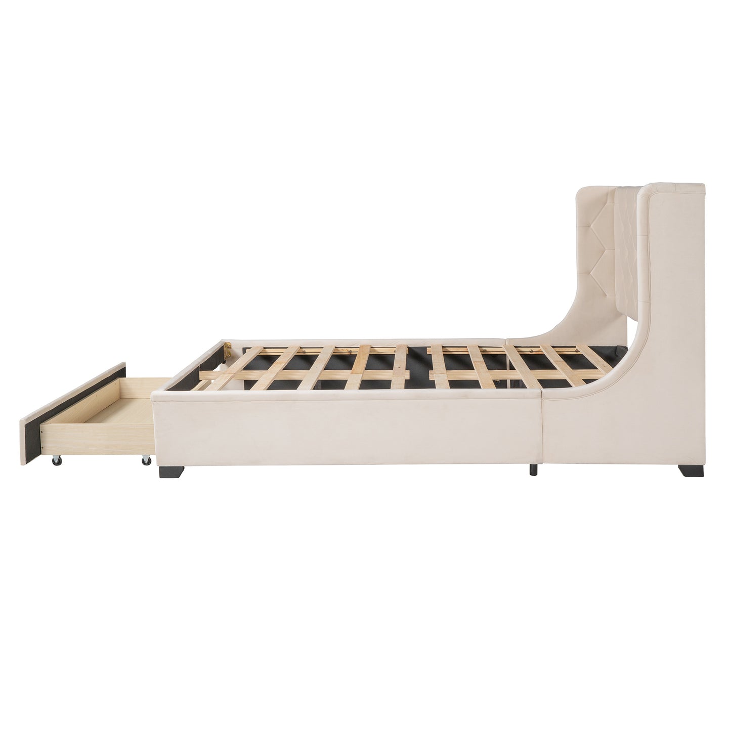 modern velvet upholstered platform bed with wingback headboard and a big drawer