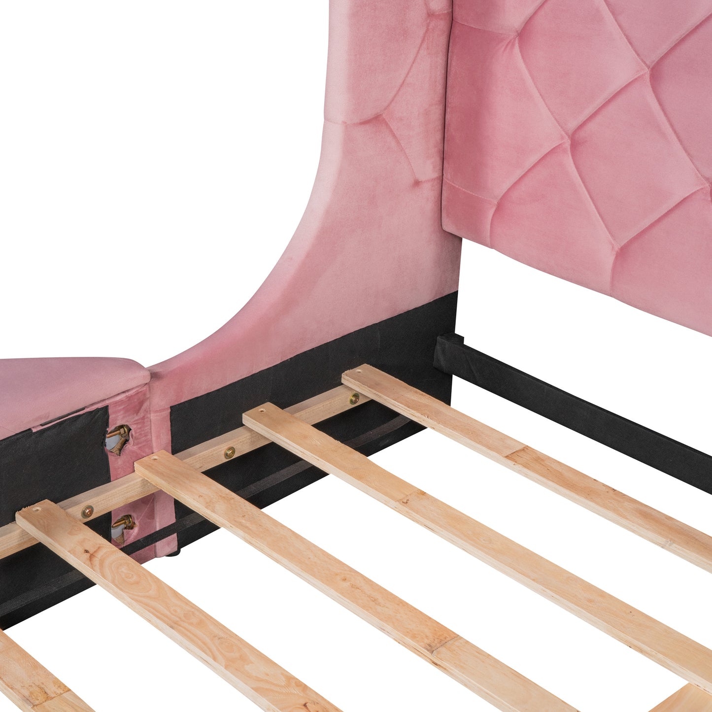 upholstered platform storage velvet bed with wingback headboard- pink