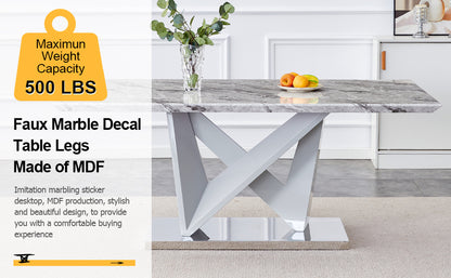 MDF Faux Marble Dining Table with White Double V-Shaped Support