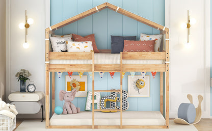 Twin Over Twin Bunk Bed Wood Bed with Tent