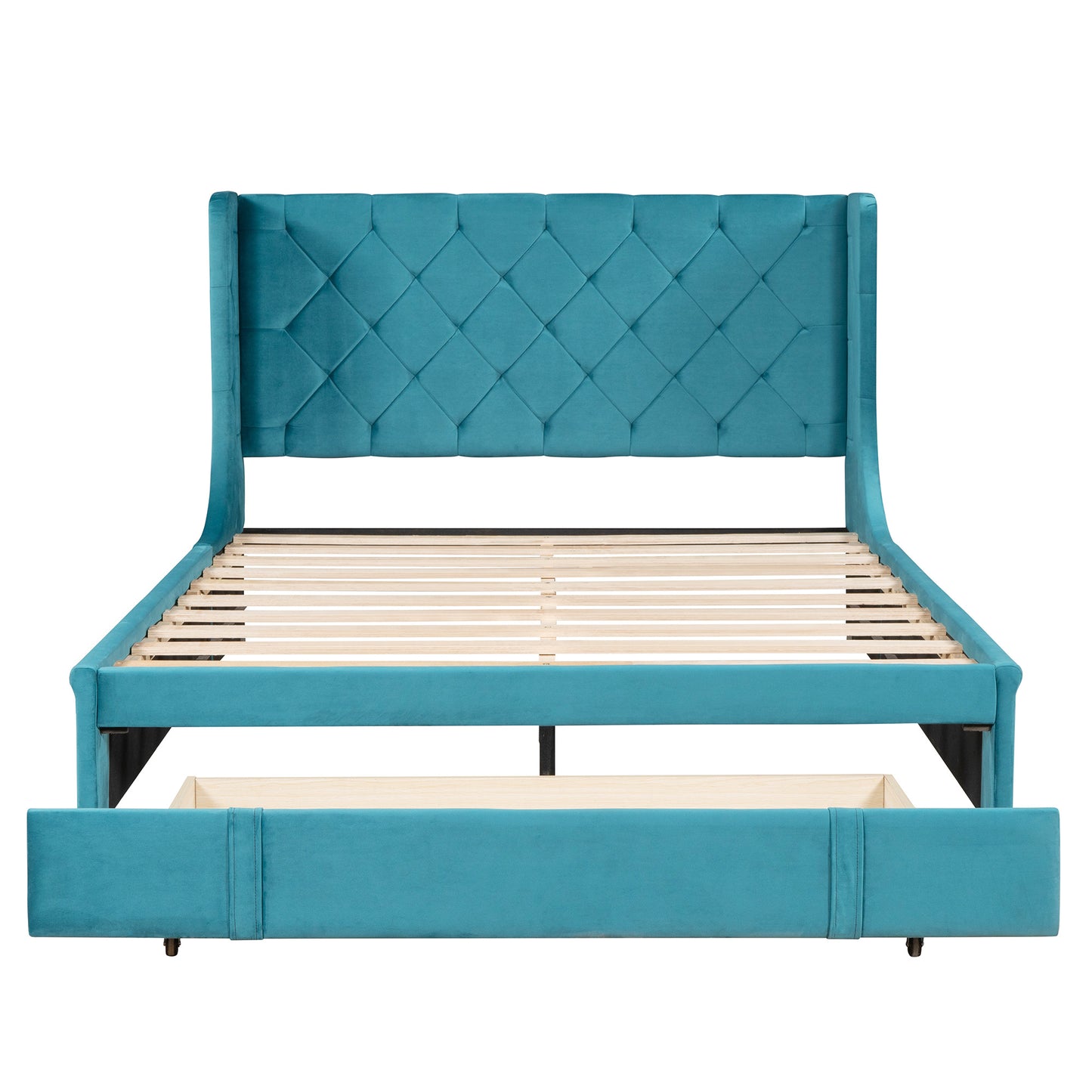 modern velvet upholstered platform bed with wingback headboard and a big drawer