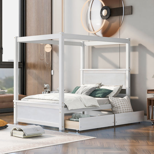 Wood Canopy Bed with two Drawers, White