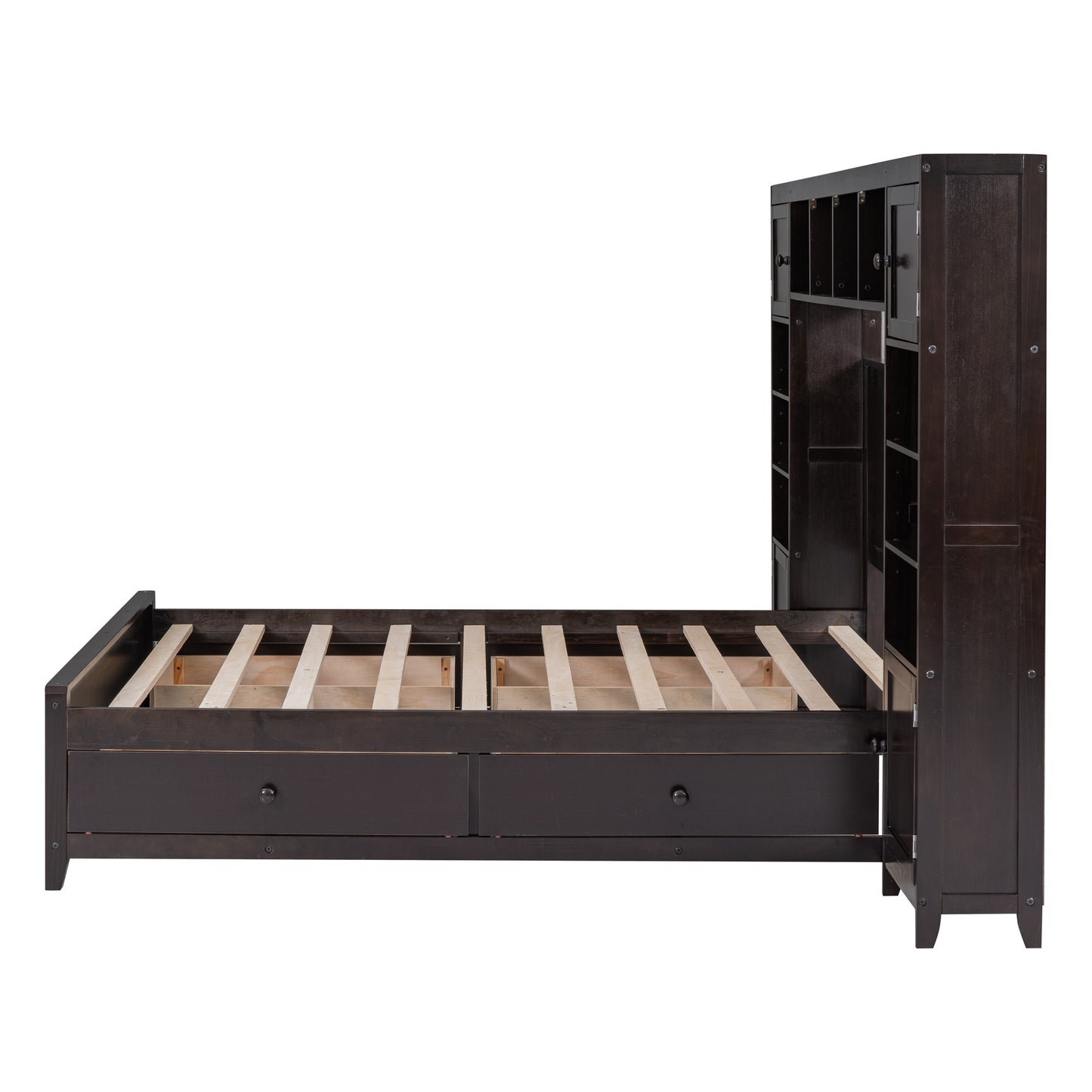 wooden bed with all-in-one cabinet and shelf
