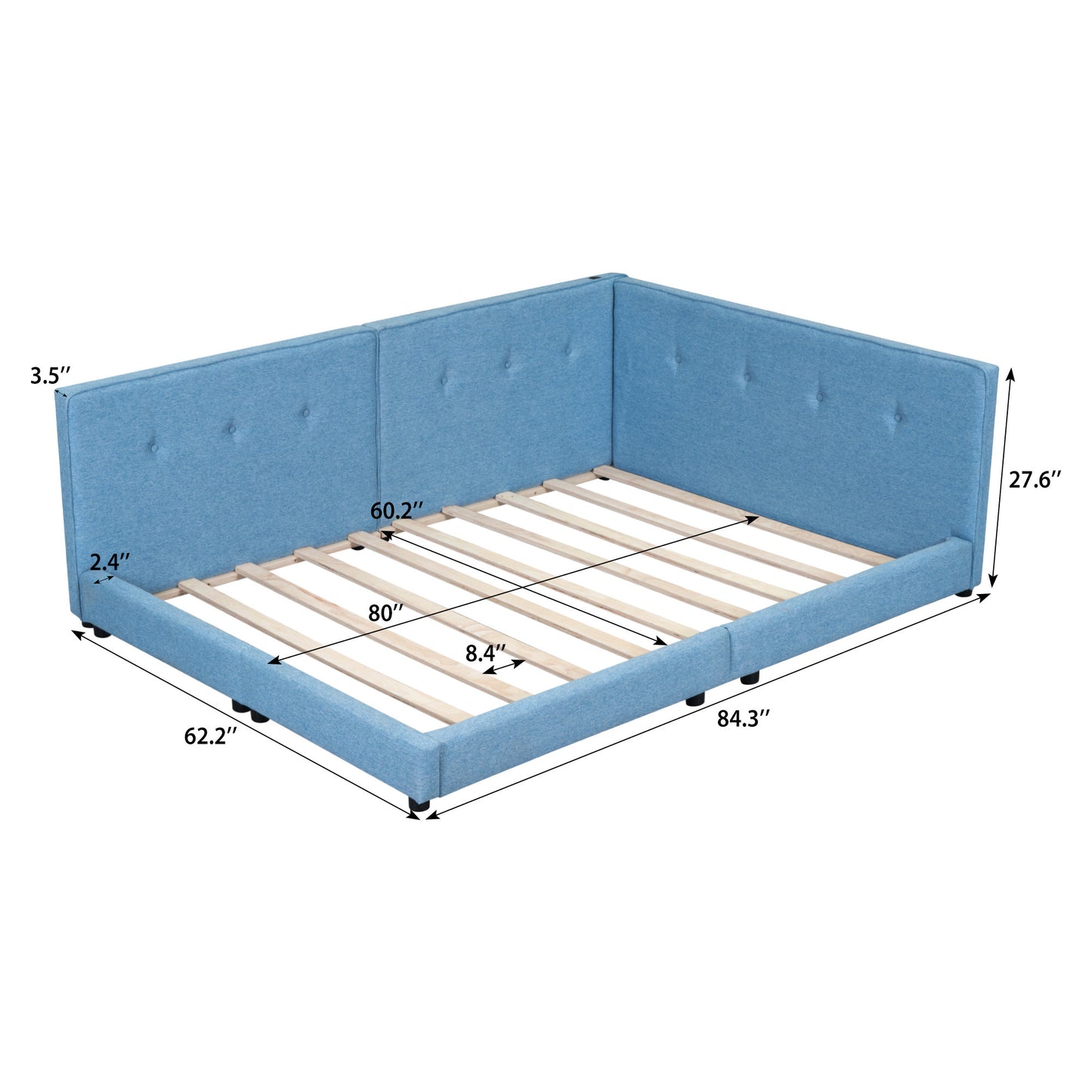 upholstered queen size platform bed with usb ports, blue