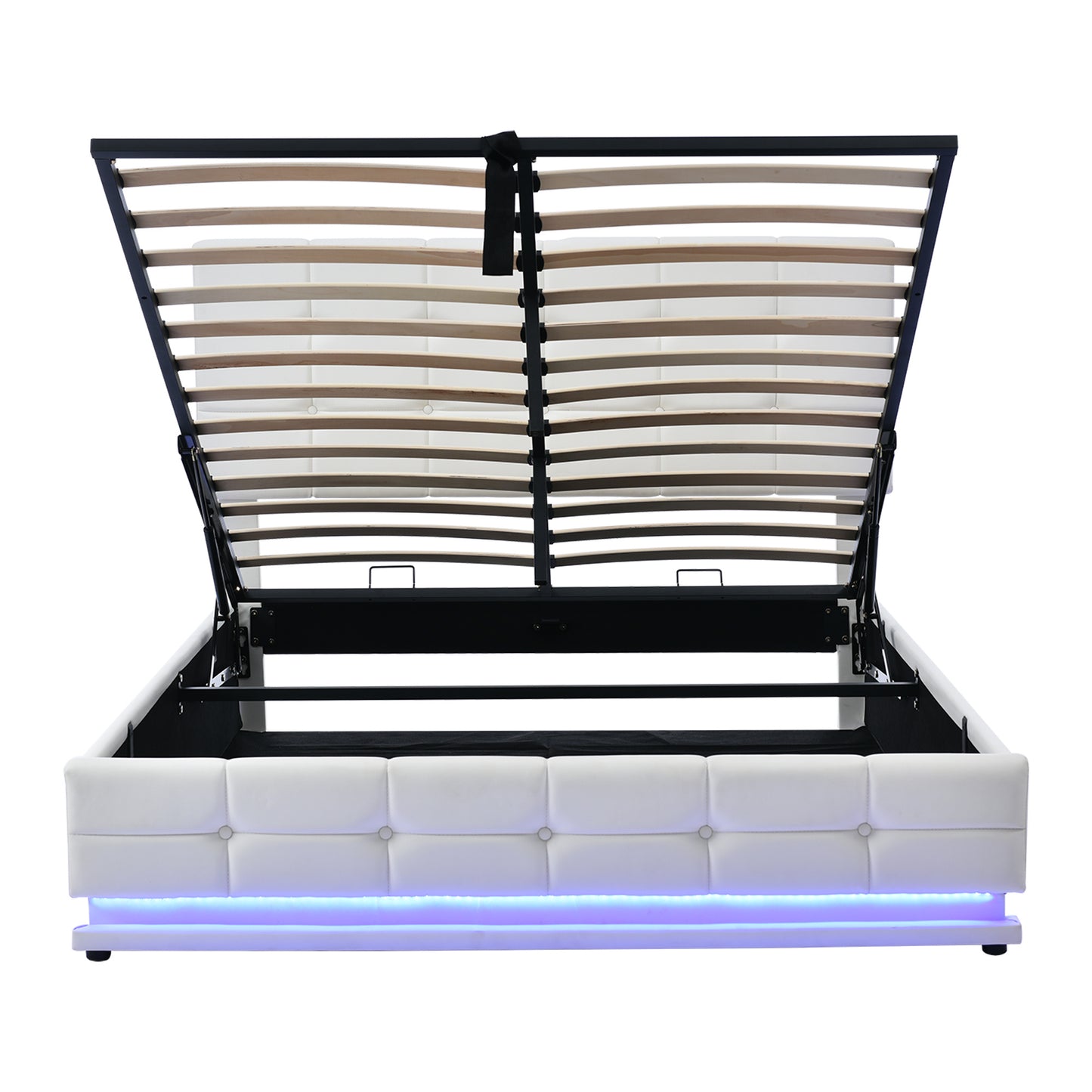 tufted upholstered platform bed with hydraulic storage system, led lights, and usb charger, black