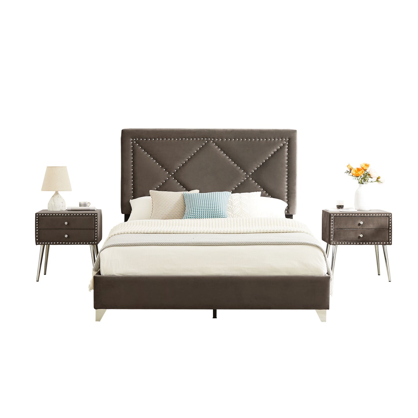 b109 queen bed with two nightstands, + metal legs with electroplate
