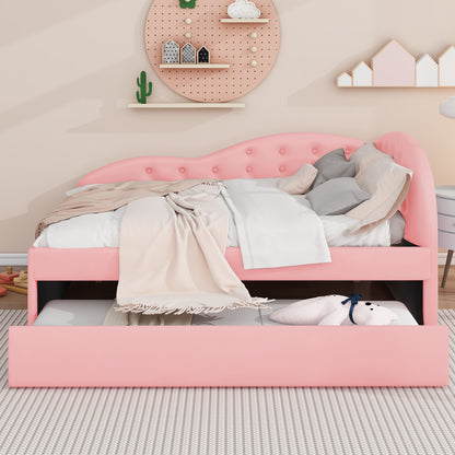 PU Upholstered Tufted Daybed with Trundle and Cloud Shaped Guardrail, Pink
