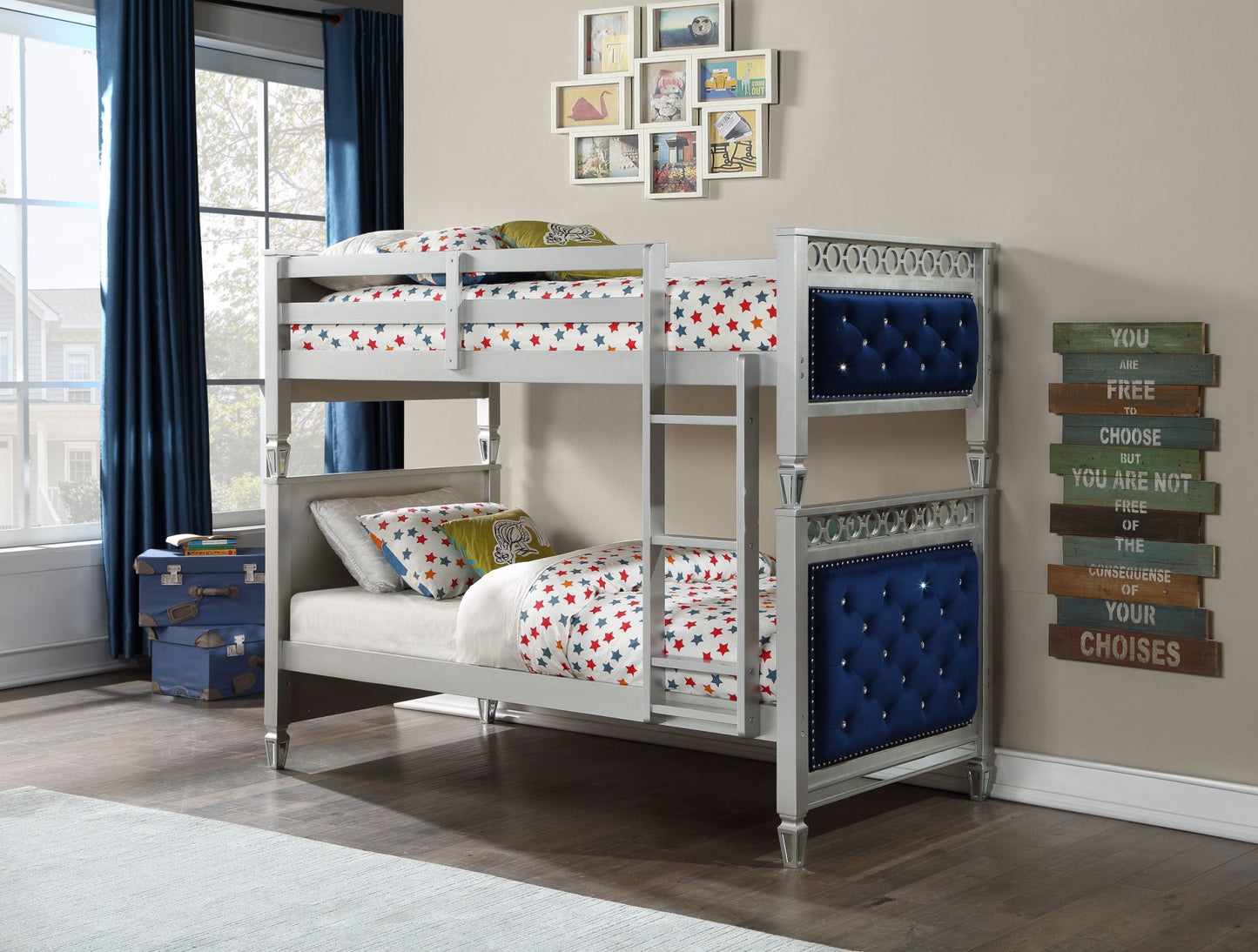 acme varian bunk bed, blue velvet & silver finish