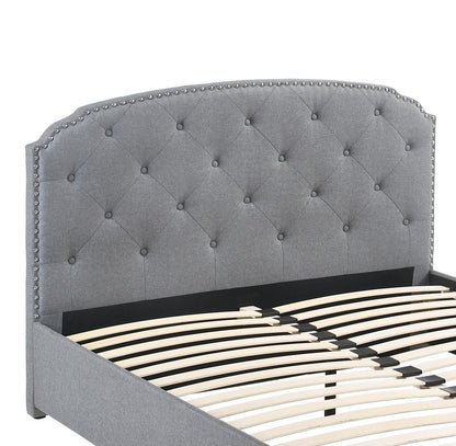 Burlap Bed with Drawer Button Tufted Headboard +Storage, Grey