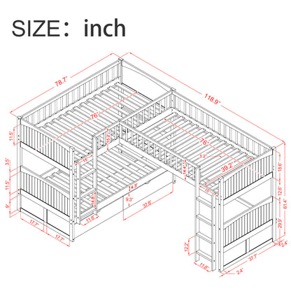 Twin Size Bunk Bed with a Loft Bed attached and Two Drawers, Gray